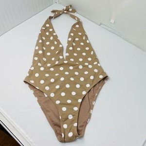Summerland**Taupe & White Polka Dot Halterneck Swimsuit**Sm.,Med $120